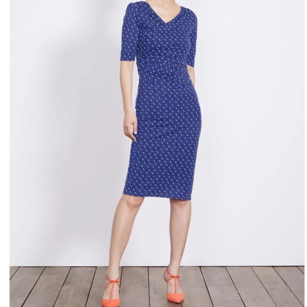 BODEN Rita blue ruched‎ side printed jersey stretch sheath dress 8 J0035